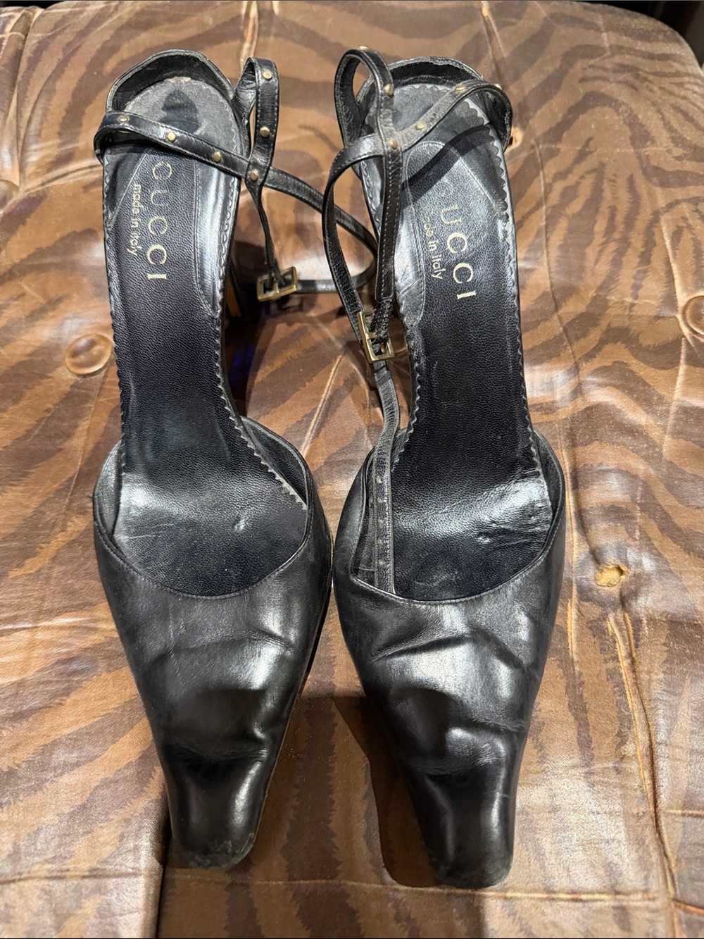 Gucci Black Leather Strappy Ankle-Heel Sandals with Gold Studs